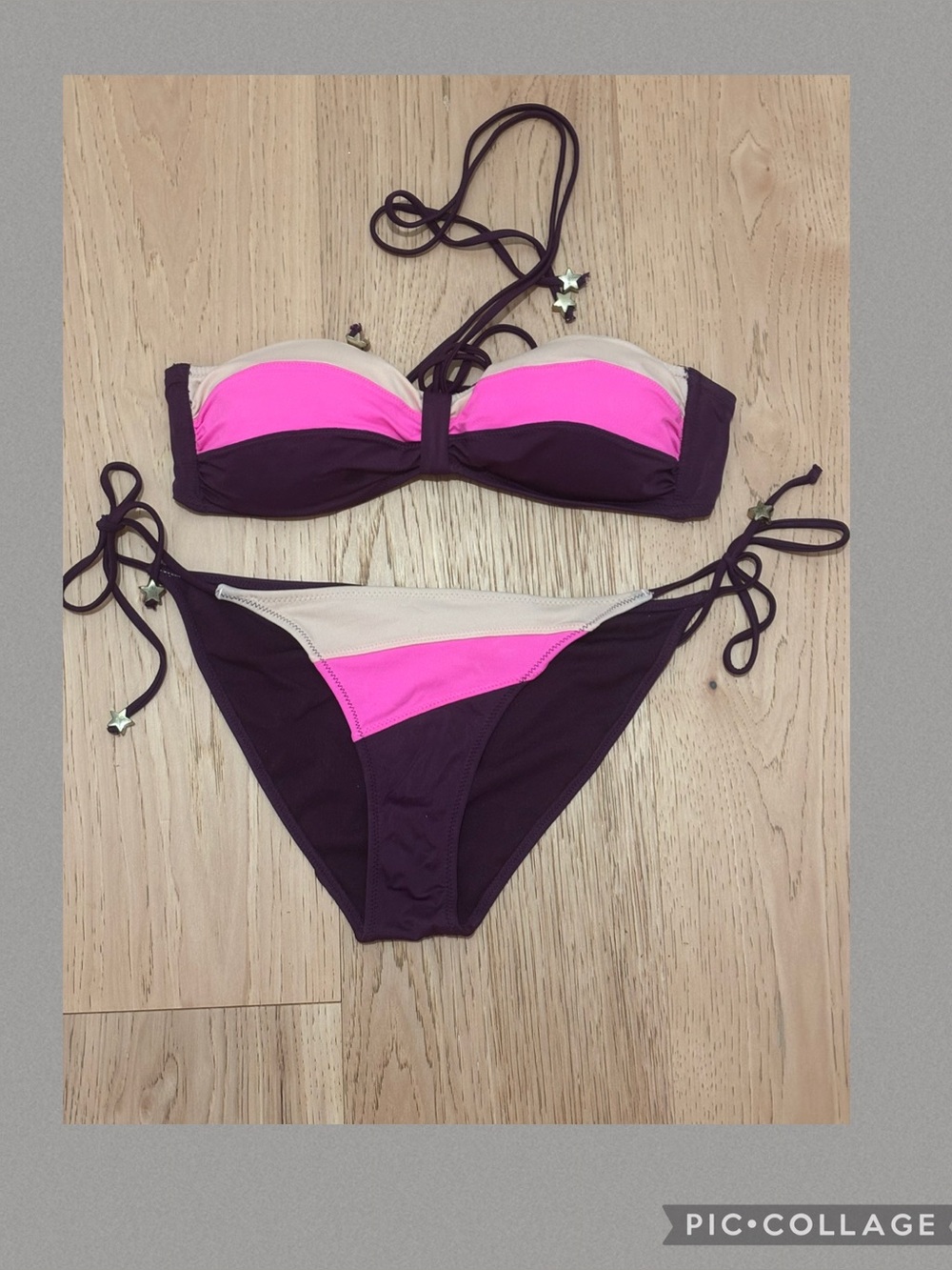 H&M bikini bandeau swim top and bottom colors pink/ purple/ nude size 10